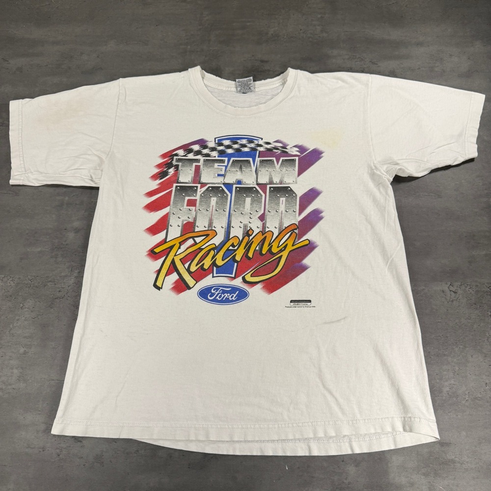 Vintage Ford Racing T-Shirt Mens XL White NASCAR Paper Thin Racing Royal Avalon